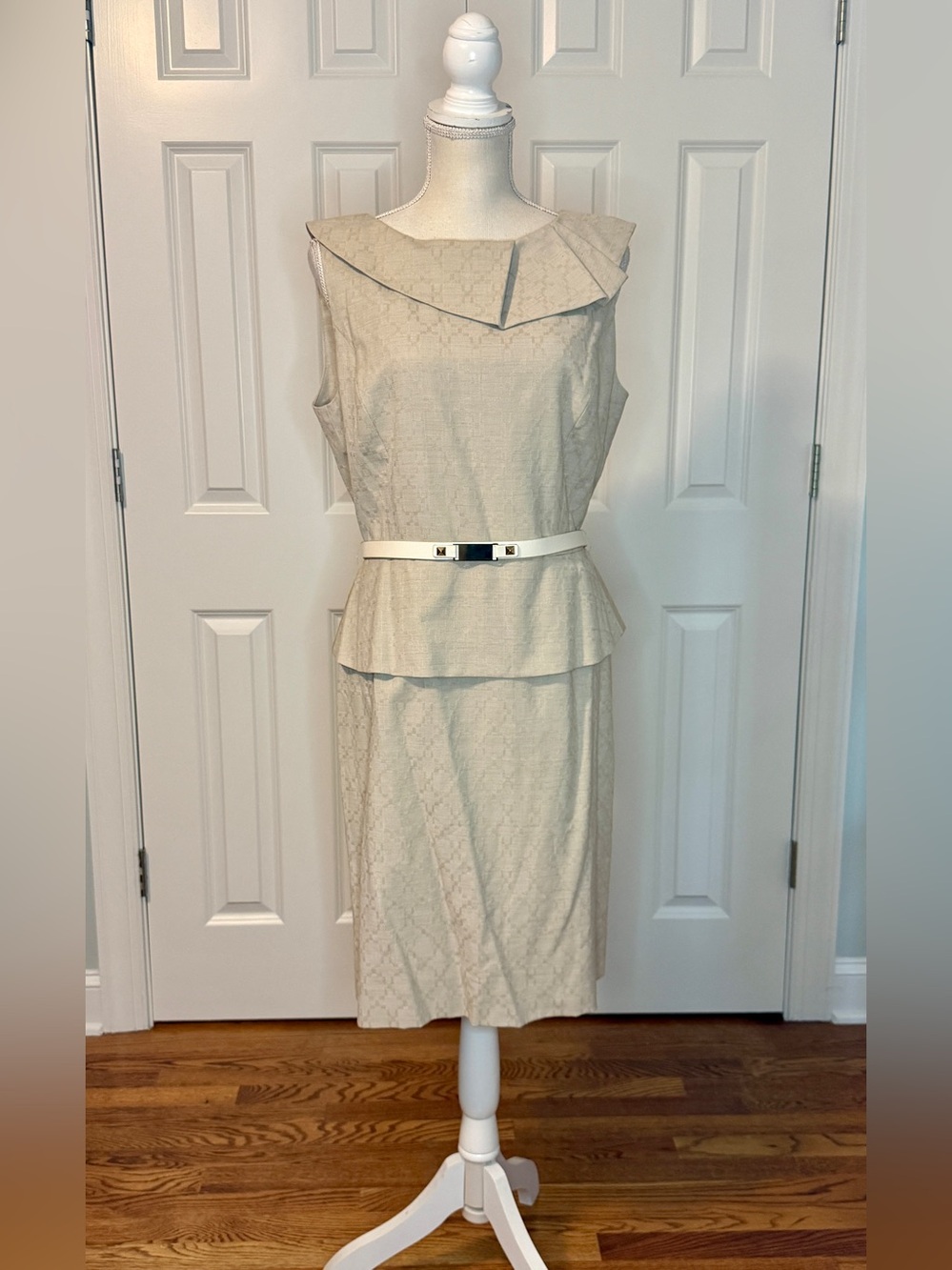 Antonio Melani Beige Jacquard Peplum Sheath Dress Belted Asymmetric Neckline 12
